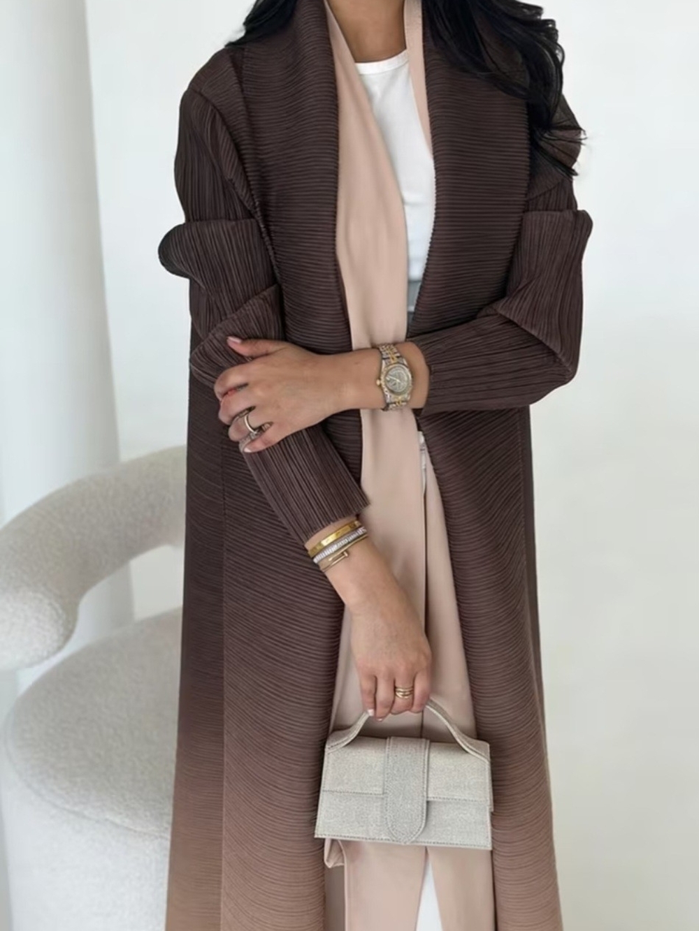 Brown Pleated Open Front Abaya